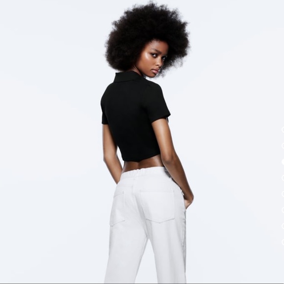 Zara Black Cropped Polo Top - Picture 2 of 8